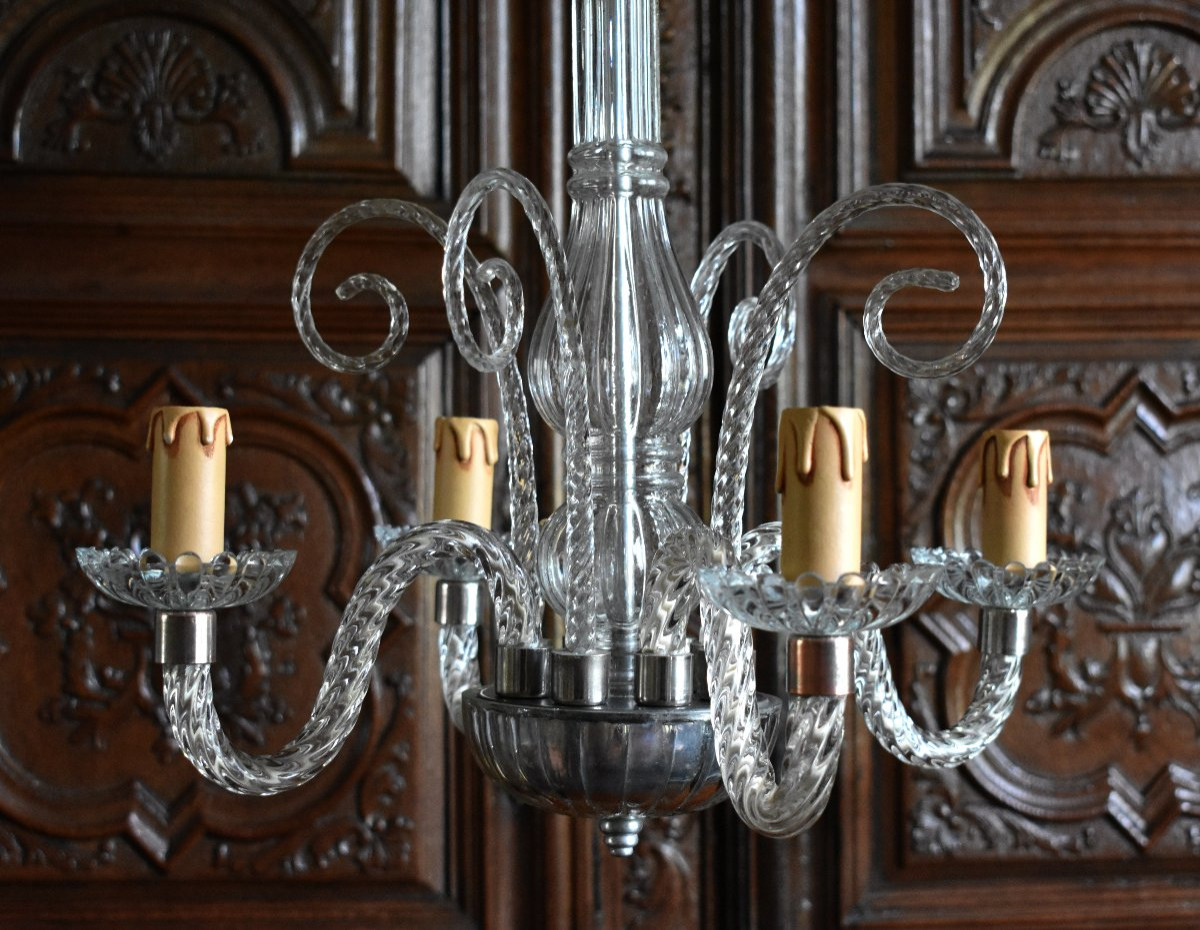 Lustre Murano En Cristal Torsadé Blanc, 4 Bras De Lumières , Suspension à quatre feux, Italie-photo-2