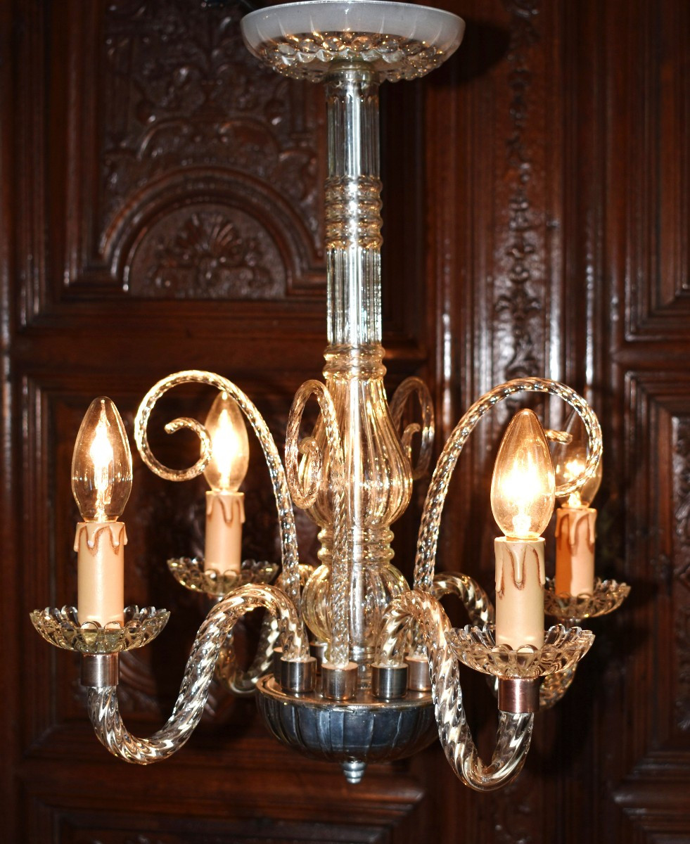 Lustre Murano En Cristal Torsadé Blanc, 4 Bras De Lumières , Suspension à quatre feux, Italie