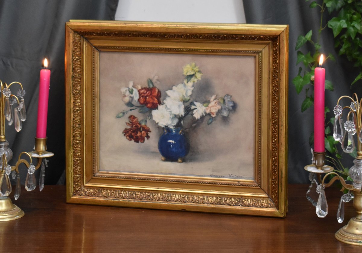  Georges Villain 1854-1930 Watercolor, Bouquet Of Flowers On A Tabletop. Still Life     -photo-2