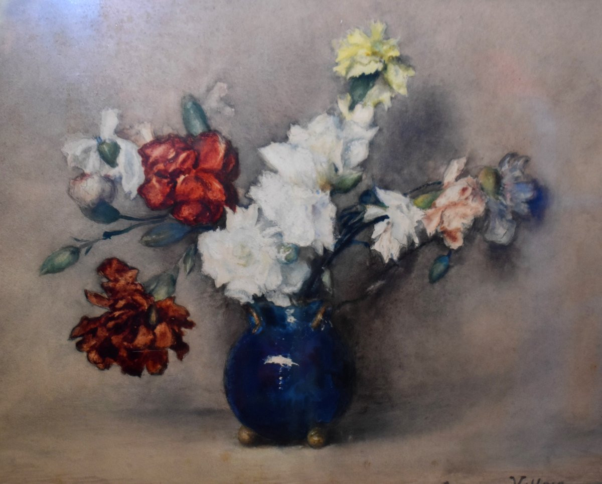  Georges Villain 1854-1930 Watercolor, Bouquet Of Flowers On A Tabletop. Still Life     -photo-3