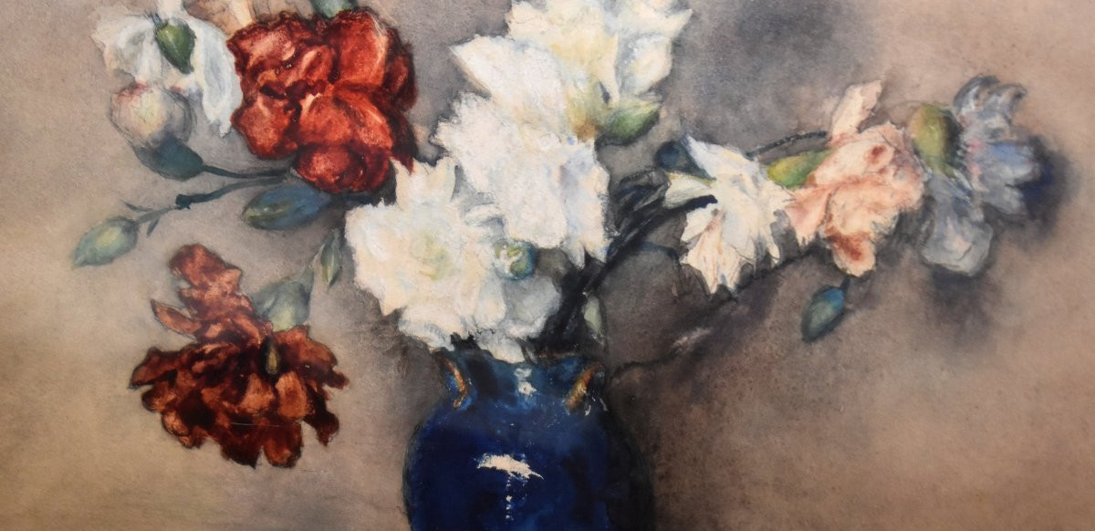  Georges Villain 1854-1930 Watercolor, Bouquet Of Flowers On A Tabletop. Still Life     -photo-1