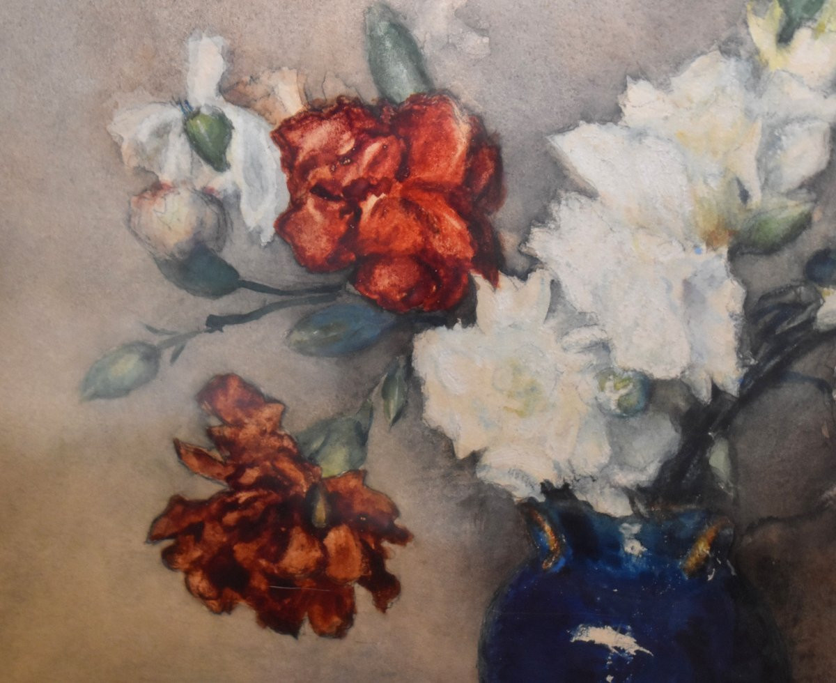  Georges Villain 1854-1930 Watercolor, Bouquet Of Flowers On A Tabletop. Still Life     -photo-2