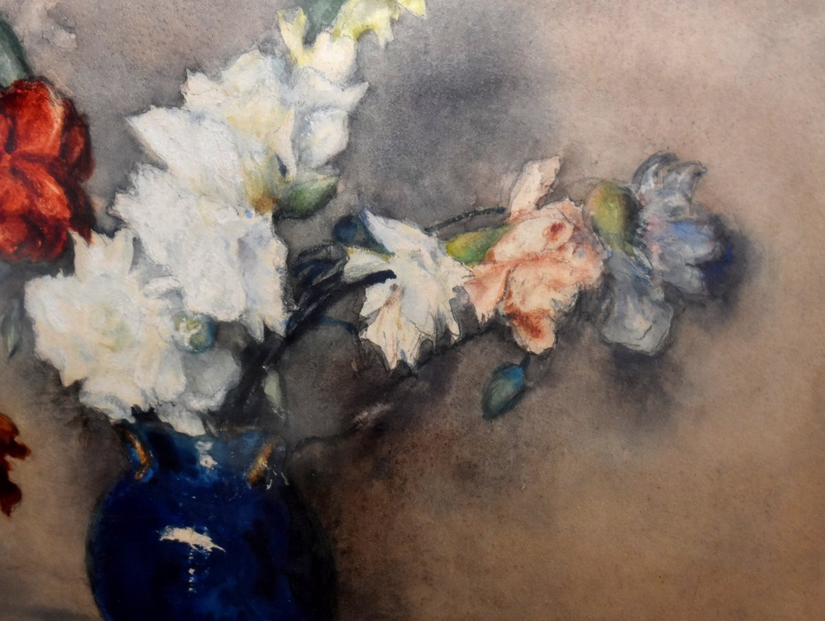  Georges Villain 1854-1930 Watercolor, Bouquet Of Flowers On A Tabletop. Still Life     -photo-3