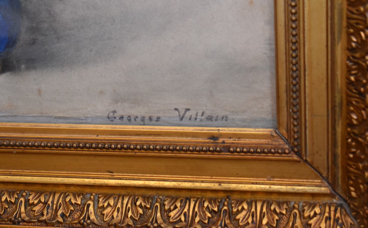  Georges Villain 1854-1930 Watercolor, Bouquet Of Flowers On A Tabletop. Still Life     -photo-5