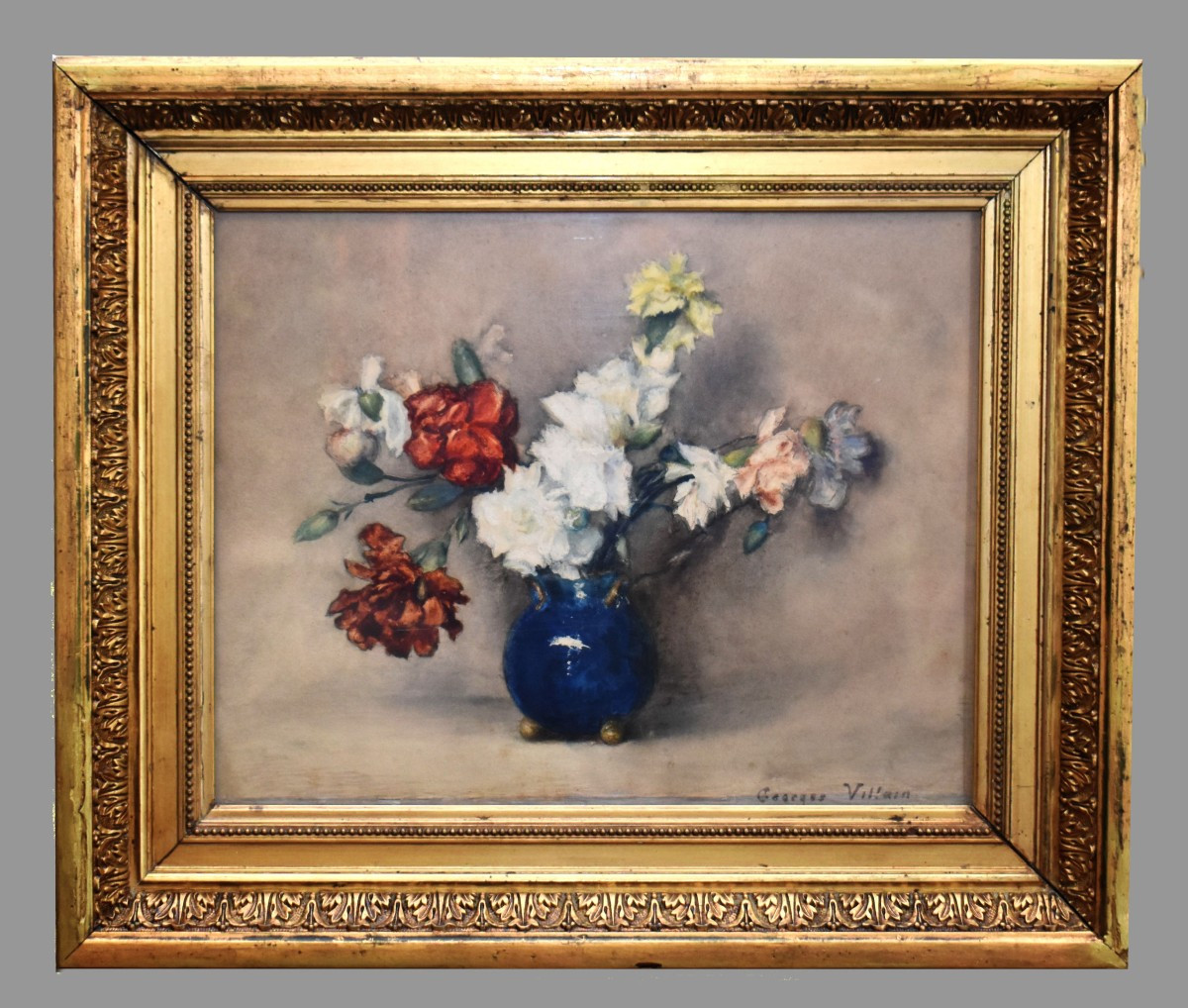  Georges Villain 1854-1930 Watercolor, Bouquet Of Flowers On A Tabletop. Still Life     