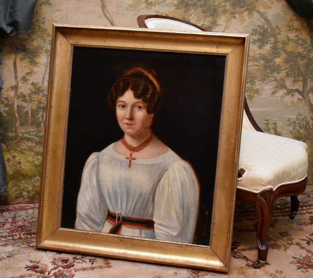 Portrait Of A Young Woman, Elegant Young Girl In A White Dress, Painting, French School, 19th Century-photo-2