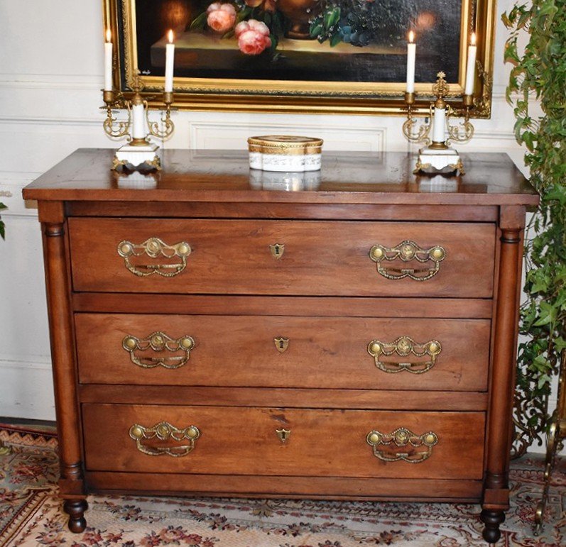 Commode  en Noyer Massif , à Demi-colonnes ,  Plateau Bois , époque XIXème  . 2  colonnes -photo-2