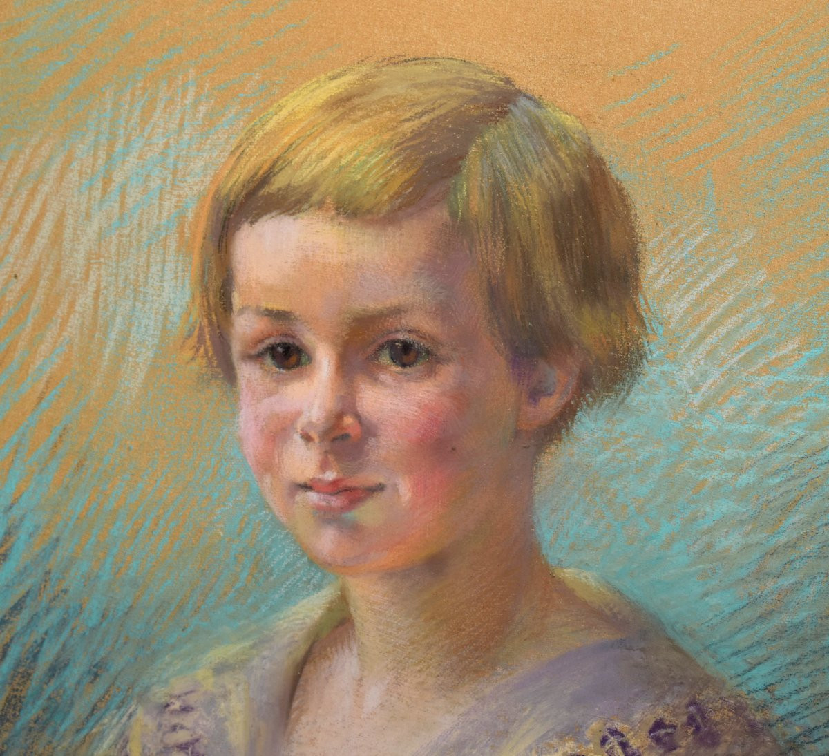 Jeanne Dangon 1873-1949 . Pastel ,  Portrait  Jeune Enfant, Cadre ovale doré à Nœud Louis XVI  -photo-4