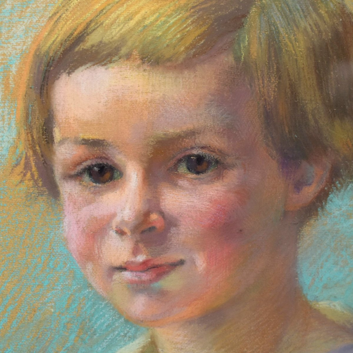 Jeanne Dangon 1873-1949 . Pastel ,  Portrait  Jeune Enfant, Cadre ovale doré à Nœud Louis XVI  -photo-1