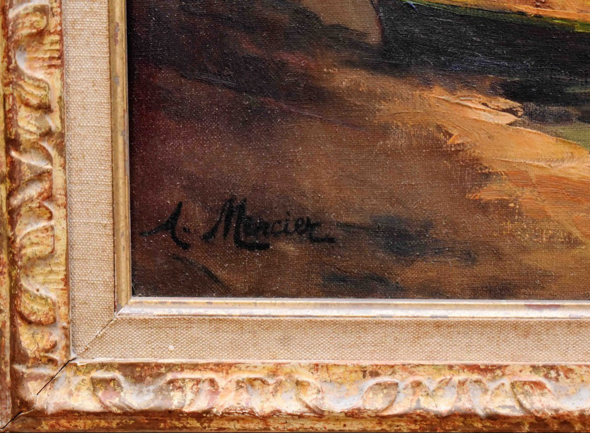 A. Mercier , paysage  Marine, Lever De Soleil Sur Un Petit Port de pèche ,  cadre Montparnasse-photo-6