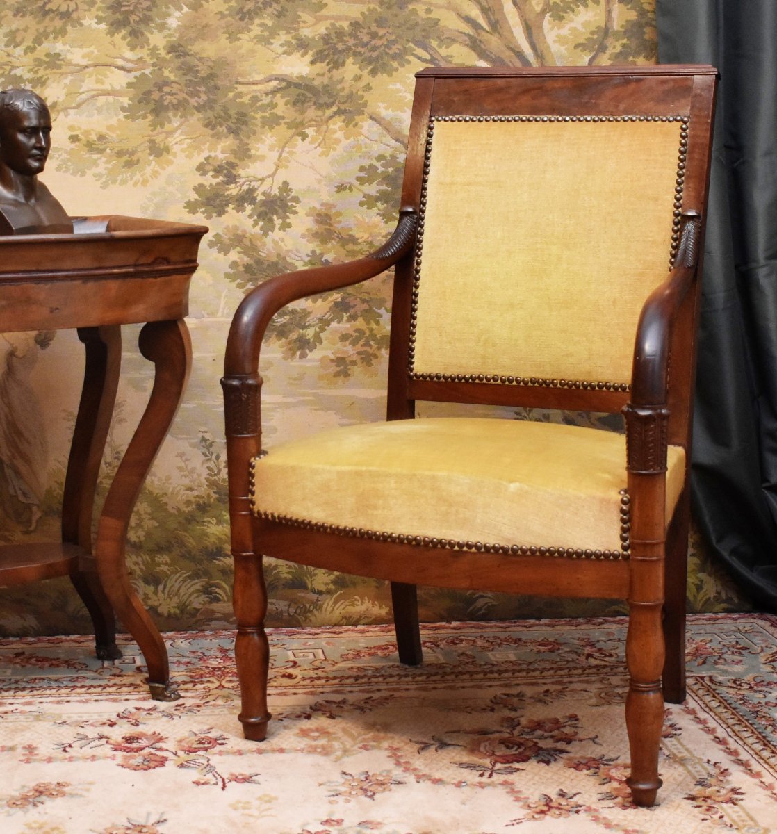 Paire De Fauteuils Empire En Acajou Décor De Chapiteaux Palmiformes Et Palmettes, Pieds Jacob.-photo-4