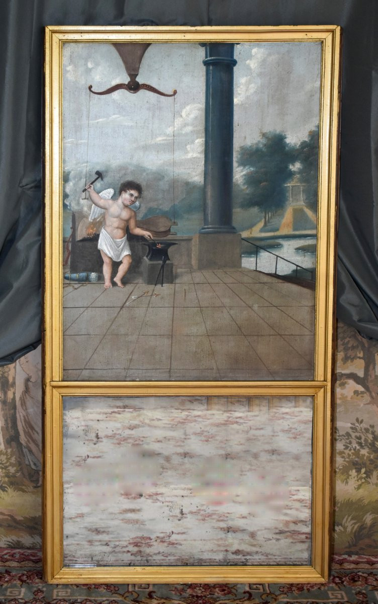Grand Trumeau XIXe , peinture   Huile Sur Toile Cupidon Forgeant Ses Flèches, tableau Et Miroir-photo-2