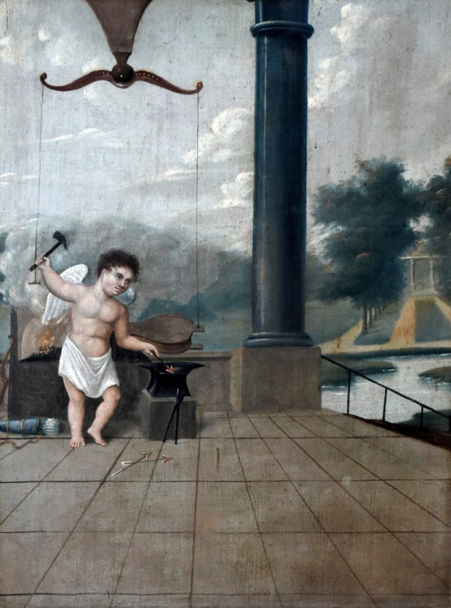 Grand Trumeau XIXe , peinture   Huile Sur Toile Cupidon Forgeant Ses Flèches, tableau Et Miroir-photo-4