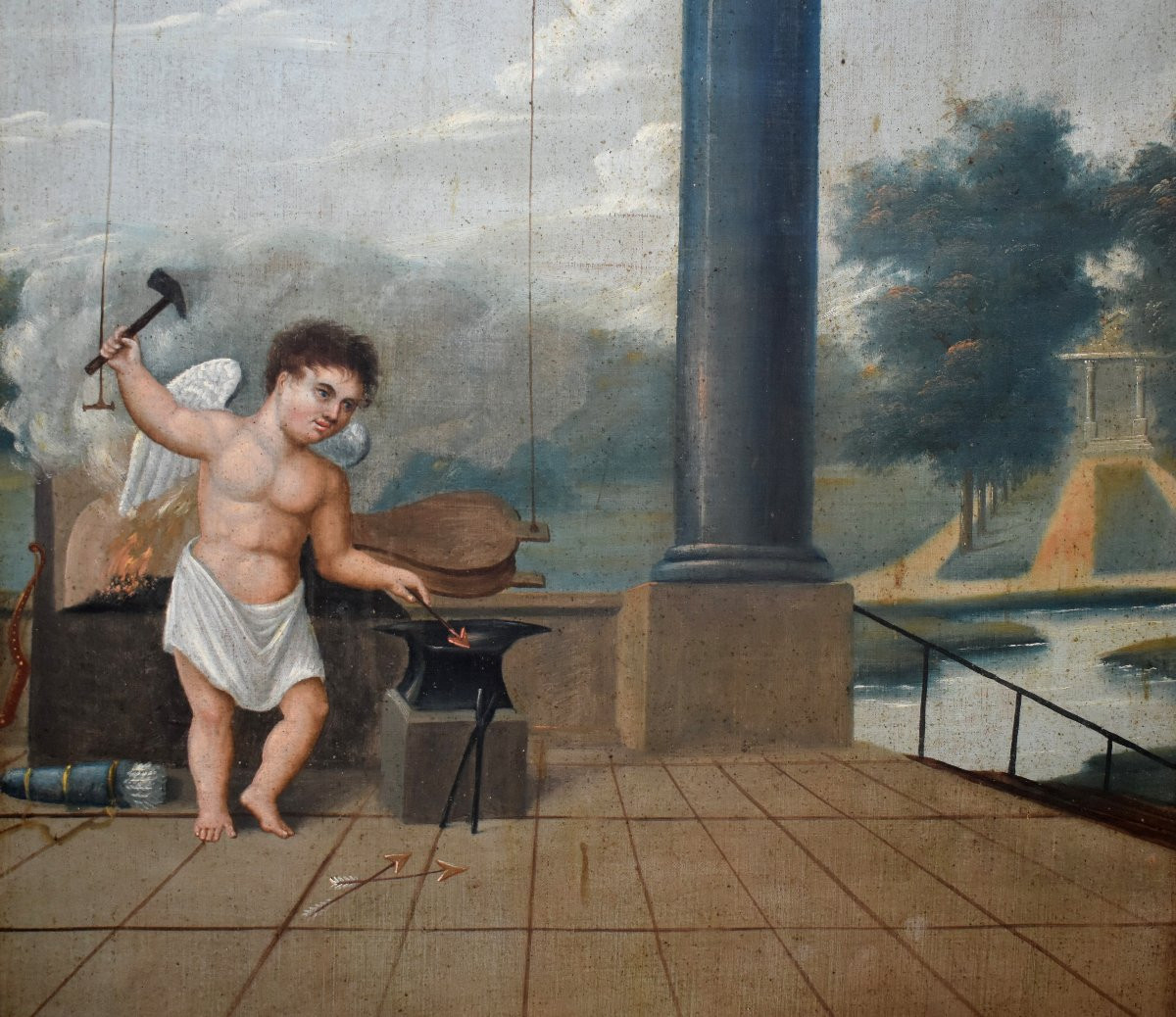 Grand Trumeau XIXe , peinture   Huile Sur Toile Cupidon Forgeant Ses Flèches, tableau Et Miroir-photo-1