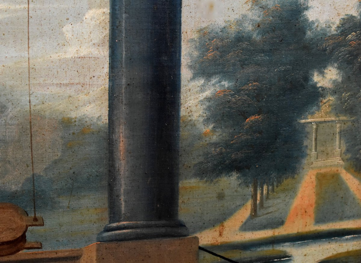 Grand Trumeau XIXe , peinture   Huile Sur Toile Cupidon Forgeant Ses Flèches, tableau Et Miroir-photo-4