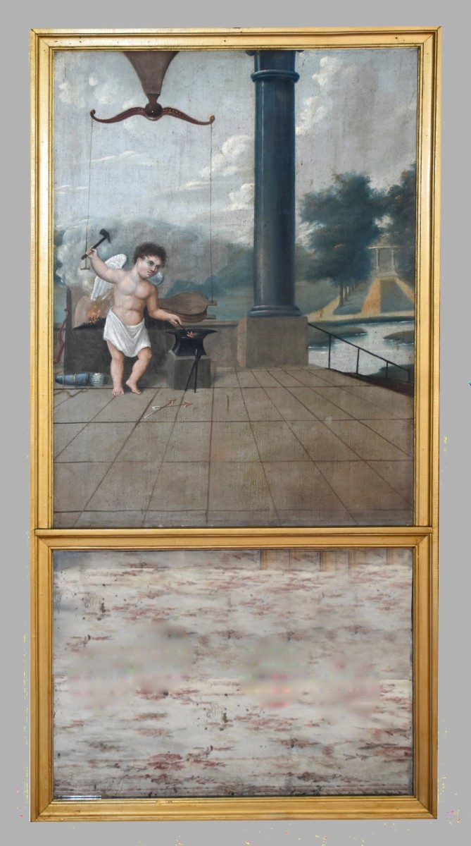 Grand Trumeau XIXe , peinture   Huile Sur Toile Cupidon Forgeant Ses Flèches, tableau Et Miroir