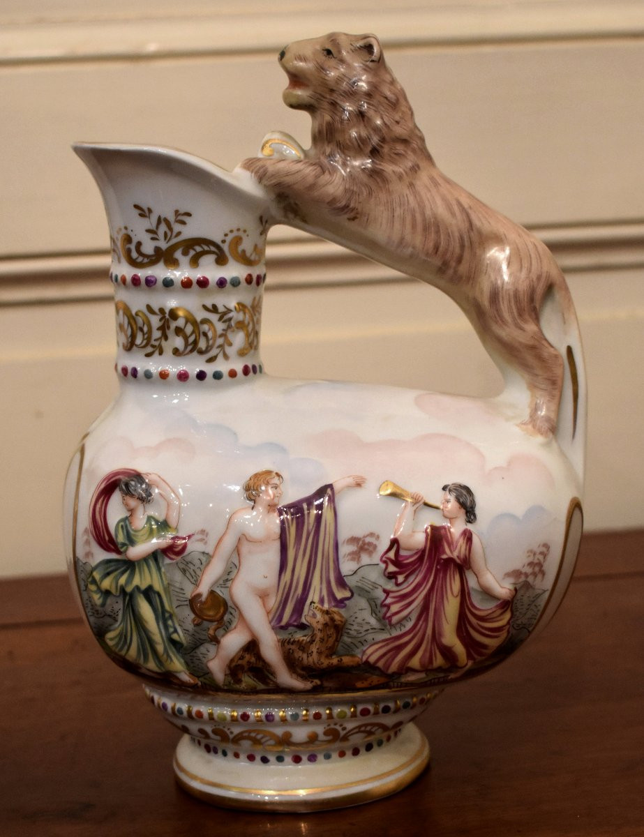 Capodimonte Porcelain Pitcher, Naples, Italy, Decorated With An Antique Scene, Capo Di Monté, 19th Century-photo-2