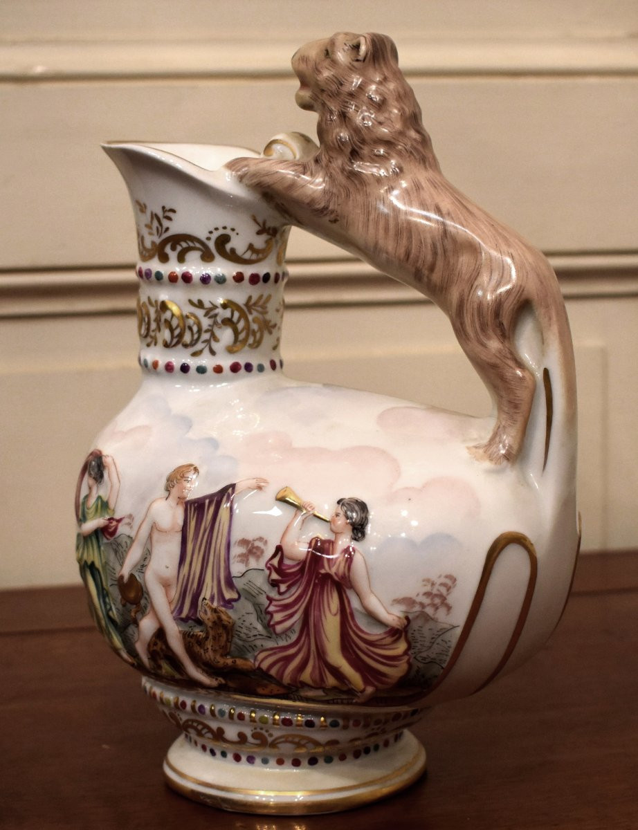 Capodimonte Porcelain Pitcher, Naples, Italy, Decorated With An Antique Scene, Capo Di Monté, 19th Century-photo-3