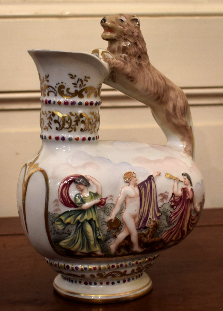 Capodimonte Porcelain Pitcher, Naples, Italy, Decorated With An Antique Scene, Capo Di Monté, 19th Century-photo-1