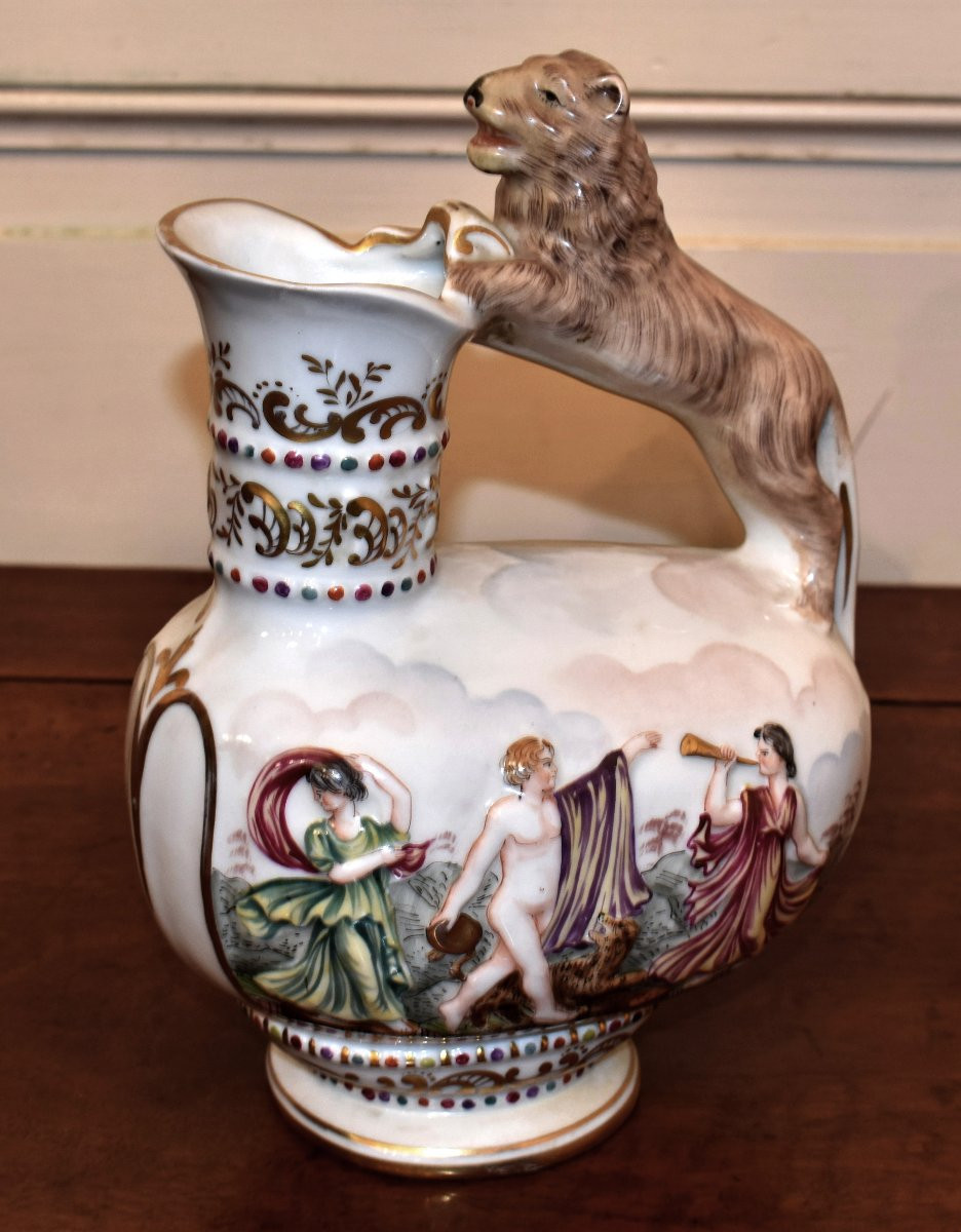 Capodimonte Porcelain Pitcher, Naples, Italy, Decorated With An Antique Scene, Capo Di Monté, 19th Century-photo-2