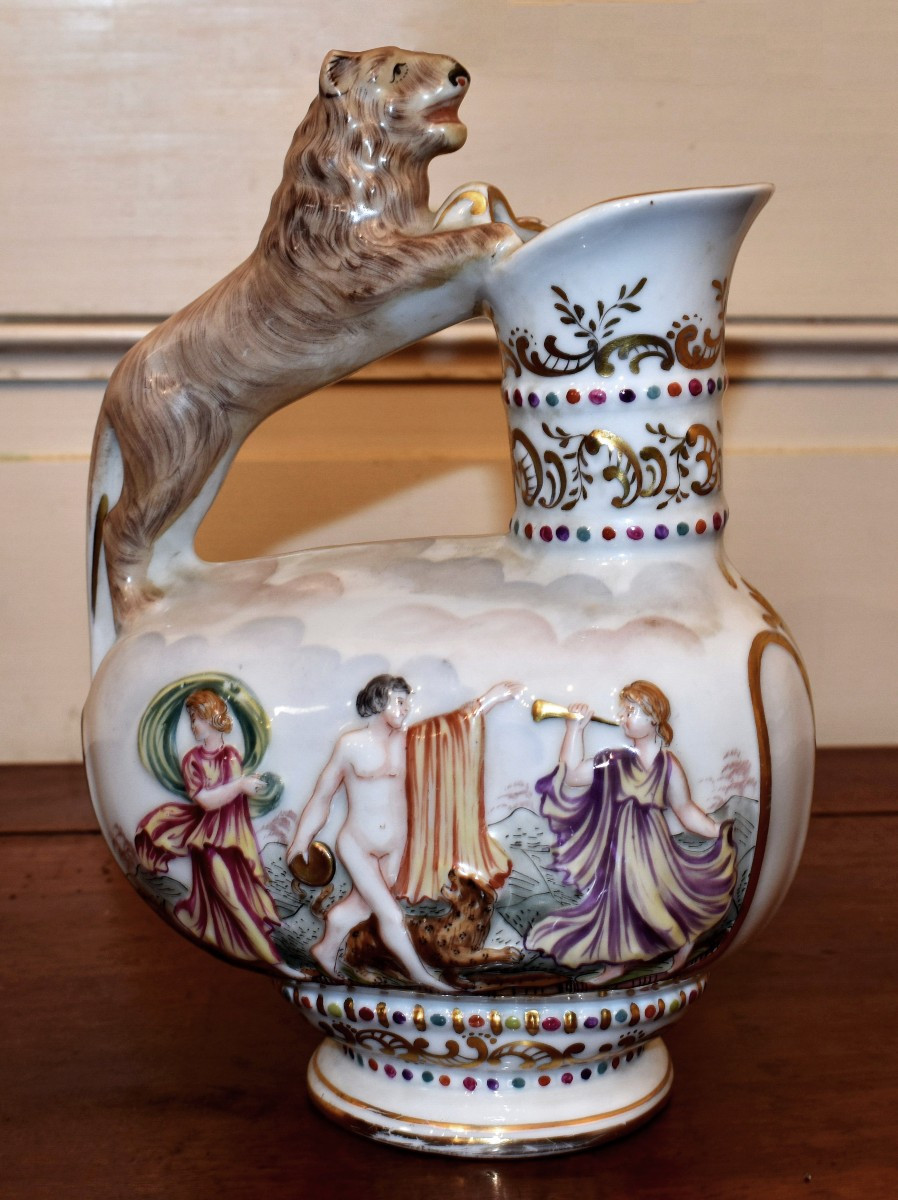 Capodimonte Porcelain Pitcher, Naples, Italy, Decorated With An Antique Scene, Capo Di Monté, 19th Century