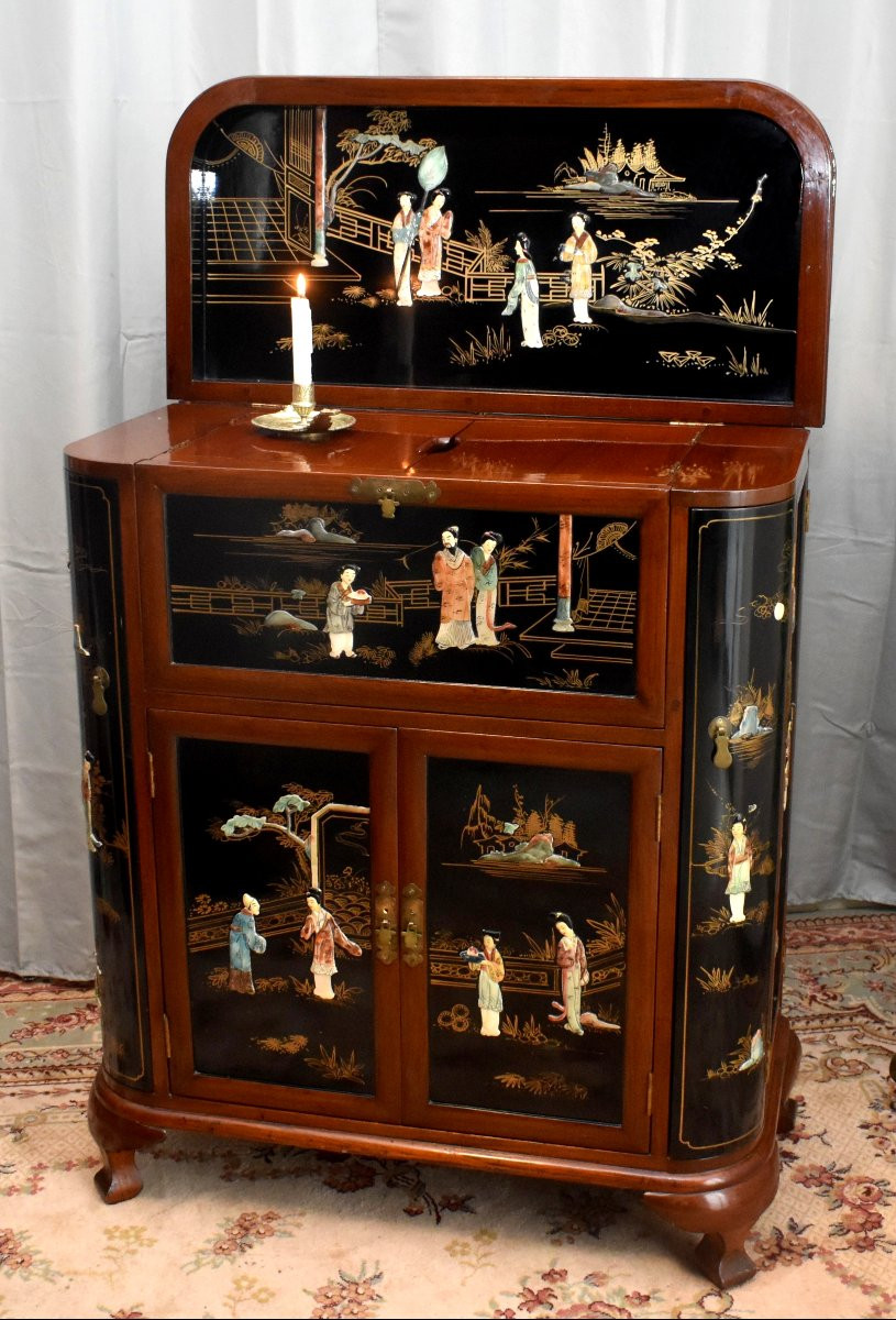 Bar Chinois , Décor De Personnages En Pierres Dures Et Laque De Chine, Scènes Animées, -photo-2