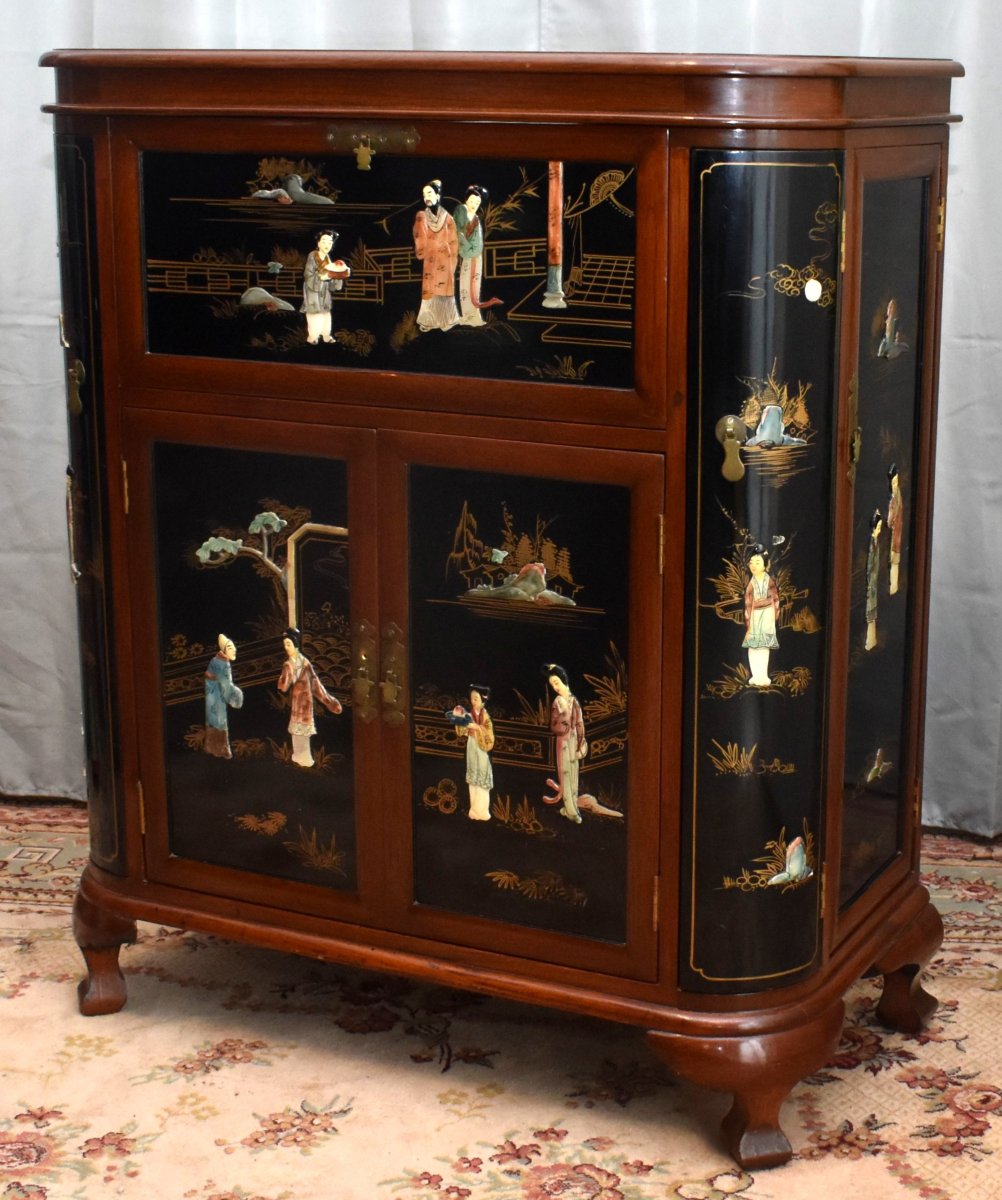 Bar Chinois , Décor De Personnages En Pierres Dures Et Laque De Chine, Scènes Animées, -photo-4