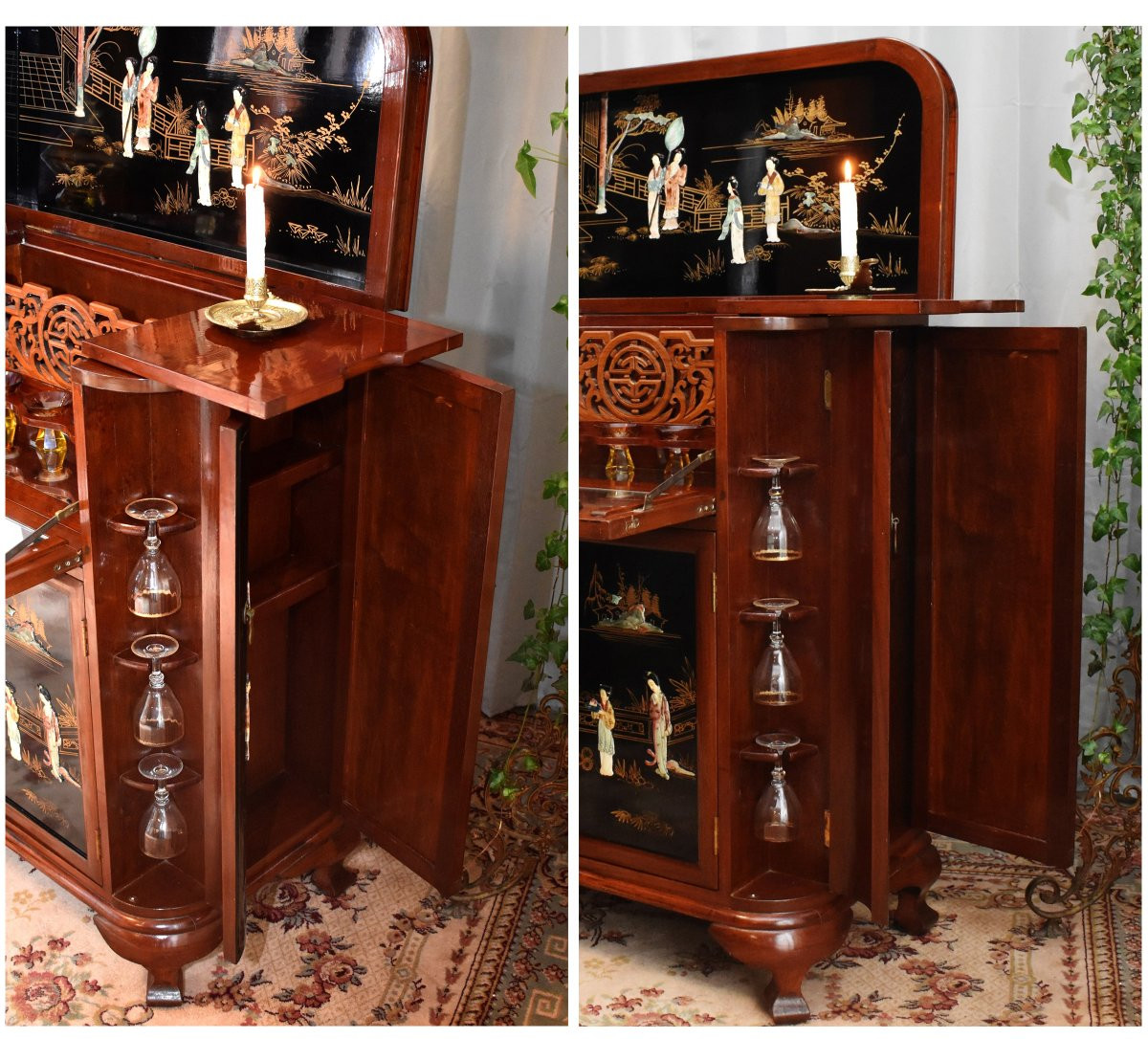 Bar Chinois , Décor De Personnages En Pierres Dures Et Laque De Chine, Scènes Animées, -photo-4