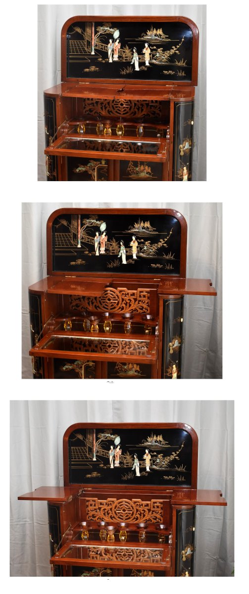 Bar Chinois , Décor De Personnages En Pierres Dures Et Laque De Chine, Scènes Animées, -photo-6