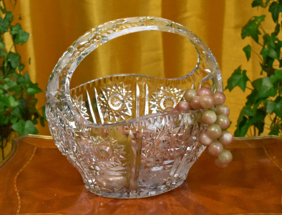 Grande coupe  en cristal taillé et ciselé , centre de table, vide poche ,  en forme de panier-photo-3