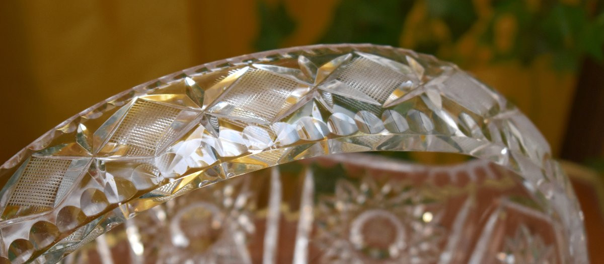 Grande coupe  en cristal taillé et ciselé , centre de table, vide poche ,  en forme de panier-photo-7