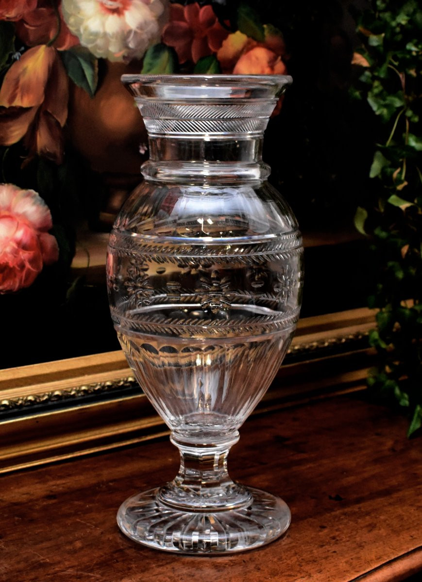 Large Baccarat Crystal Vase, Hand-cut And Chiseled. Baluster Shape On A Footed Base, 19th Century-photo-2