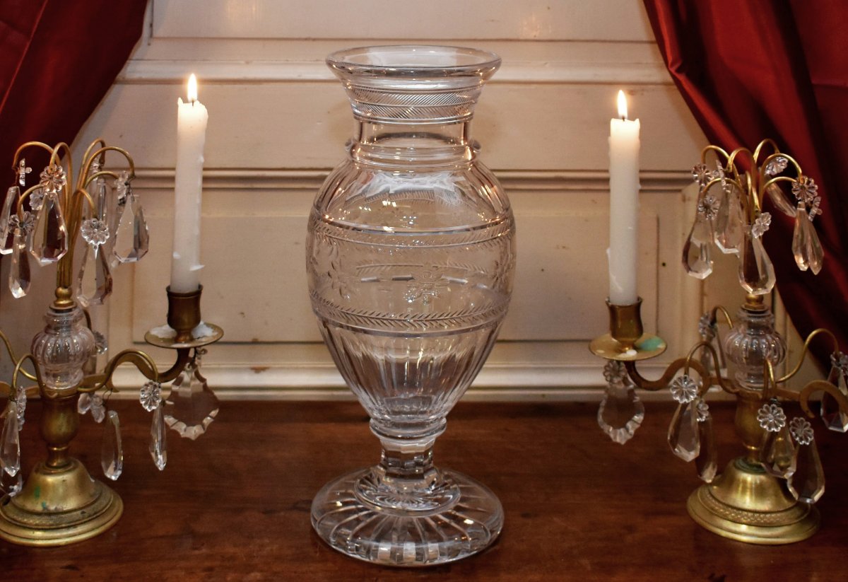 Large Baccarat Crystal Vase, Hand-cut And Chiseled. Baluster Shape On A Footed Base, 19th Century-photo-4