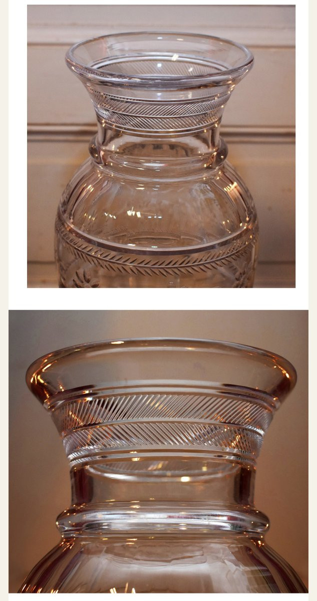 Large Baccarat Crystal Vase, Hand-cut And Chiseled. Baluster Shape On A Footed Base, 19th Century-photo-2