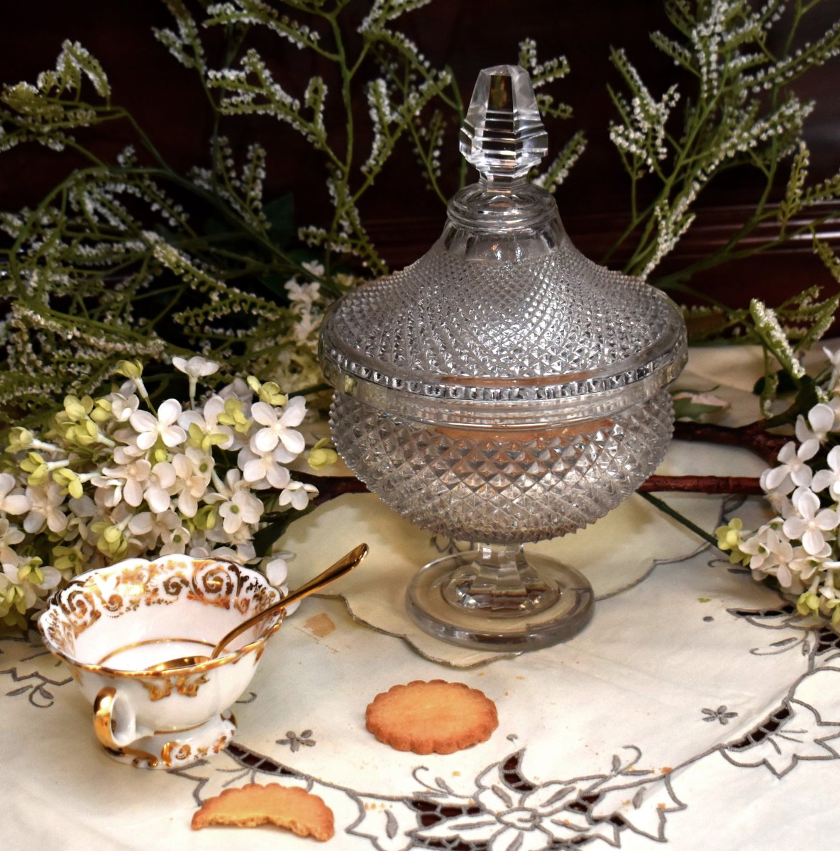 Drageoir En Cristal  Le Creusot / Baccarat, Vers 1840, Compotier , Pointes De Diamants,  XIXe-photo-2