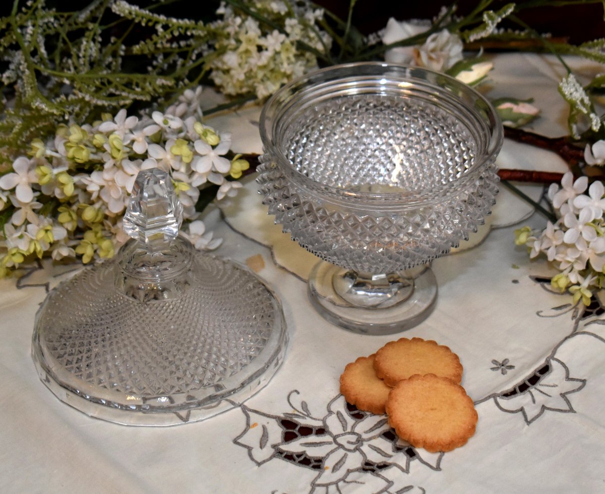 Drageoir En Cristal  Le Creusot / Baccarat, Vers 1840, Compotier , Pointes De Diamants,  XIXe-photo-2