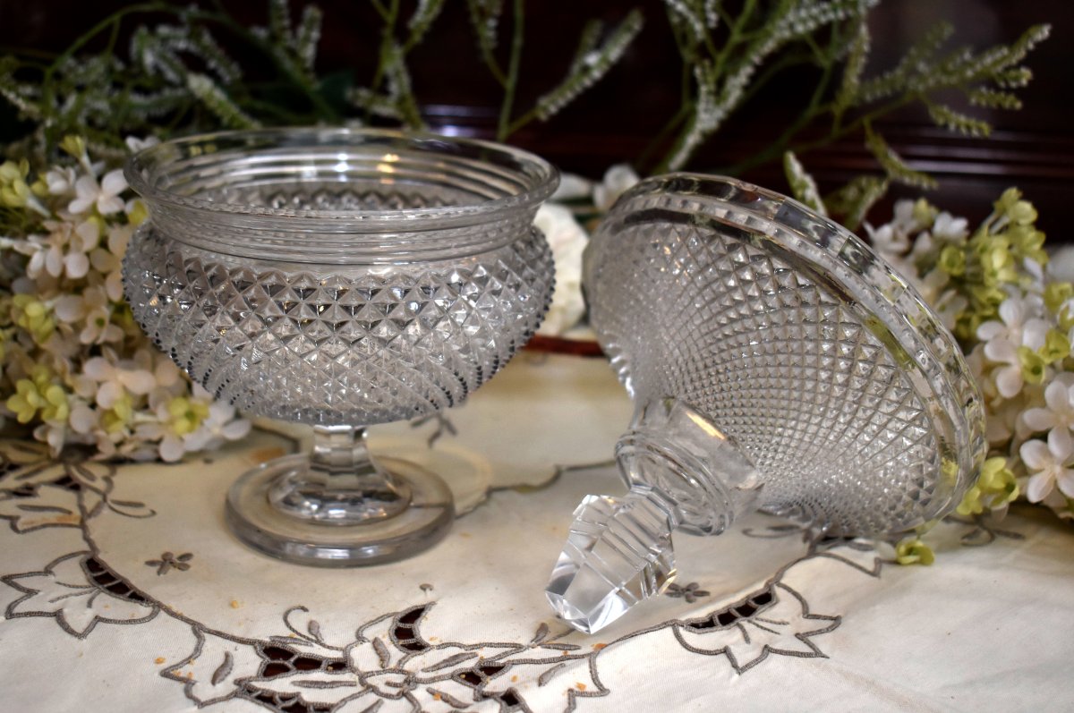 Drageoir En Cristal  Le Creusot / Baccarat, Vers 1840, Compotier , Pointes De Diamants,  XIXe-photo-4