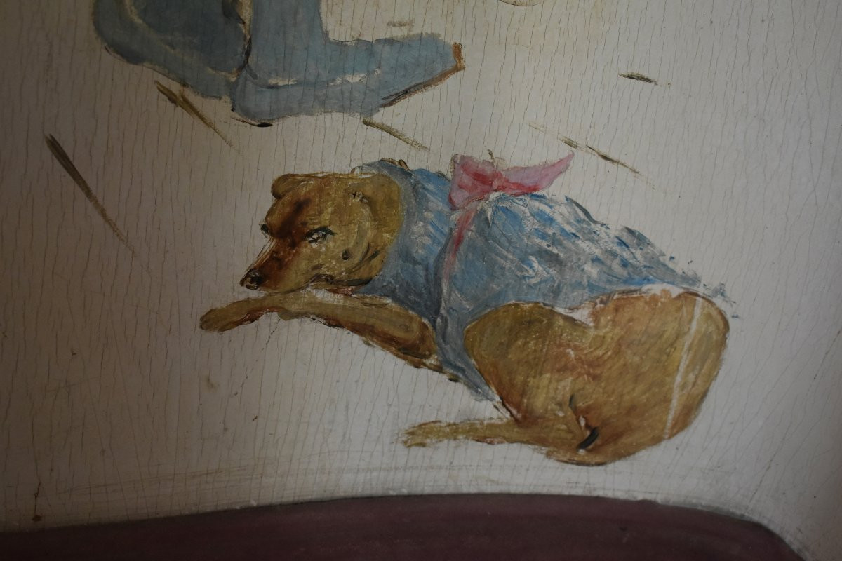 Peinture de Marcel Vertès sur Paravent pour  cabaret , buste femme nu et petits chiens         -photo-4