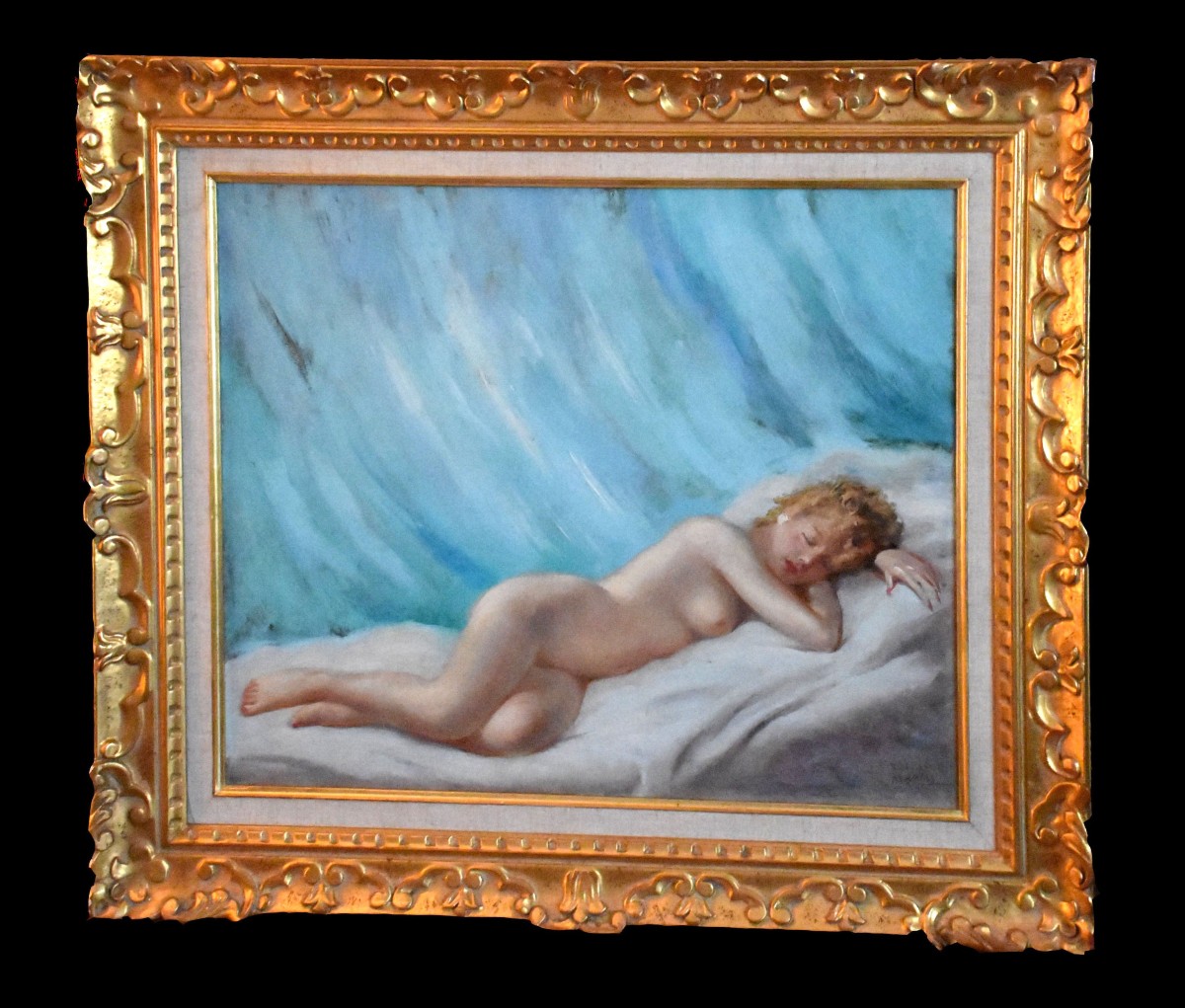 Robert Mahias (1890-1962) Female Nude, Framed Painting, Young Nude Woman, Lying Down.