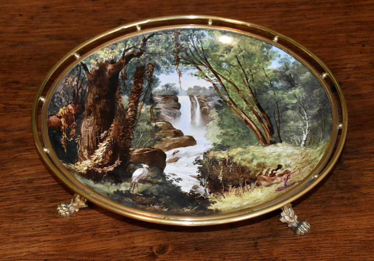 Grande Coupe Décor paysage Peint Main, Centre De Table En Porcelaine , Plat Monté Sur Socle -photo-2