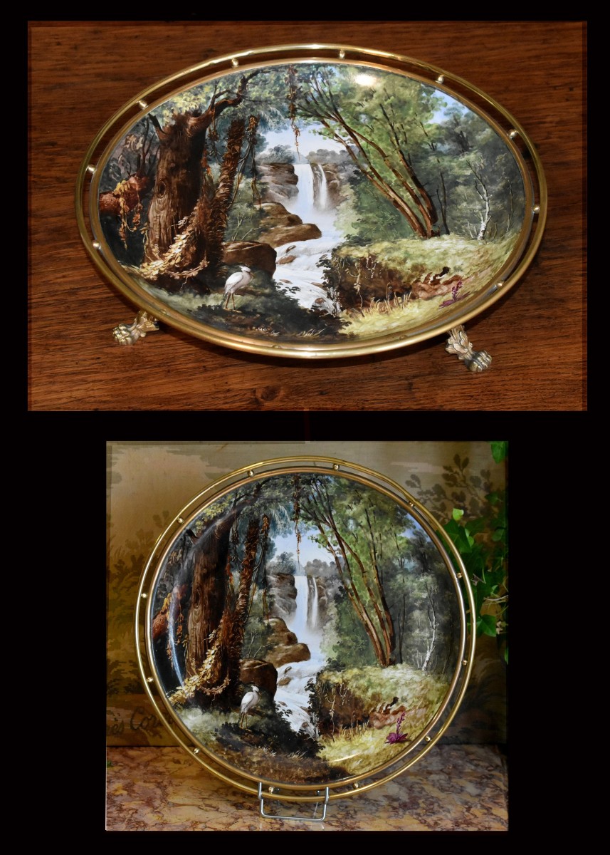 Grande Coupe Décor paysage Peint Main, Centre De Table En Porcelaine , Plat Monté Sur Socle 