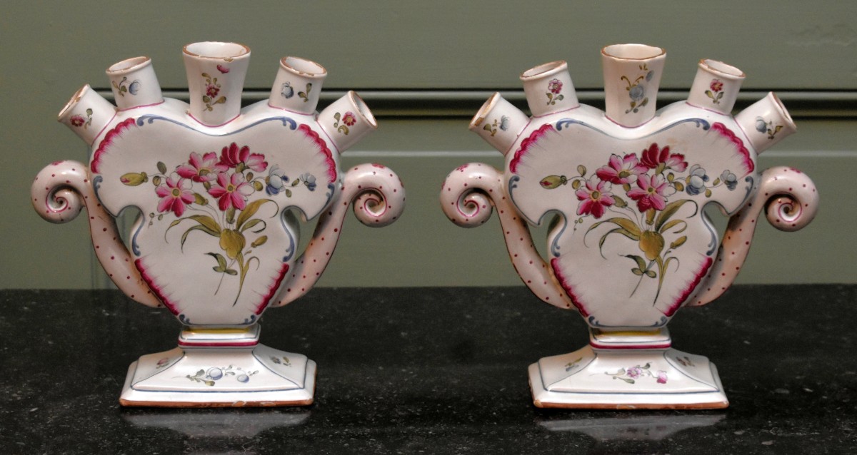 Pair Of Tulip-shaped Vases, Earthenware Flower Holders, Floral Decoration, Flowers