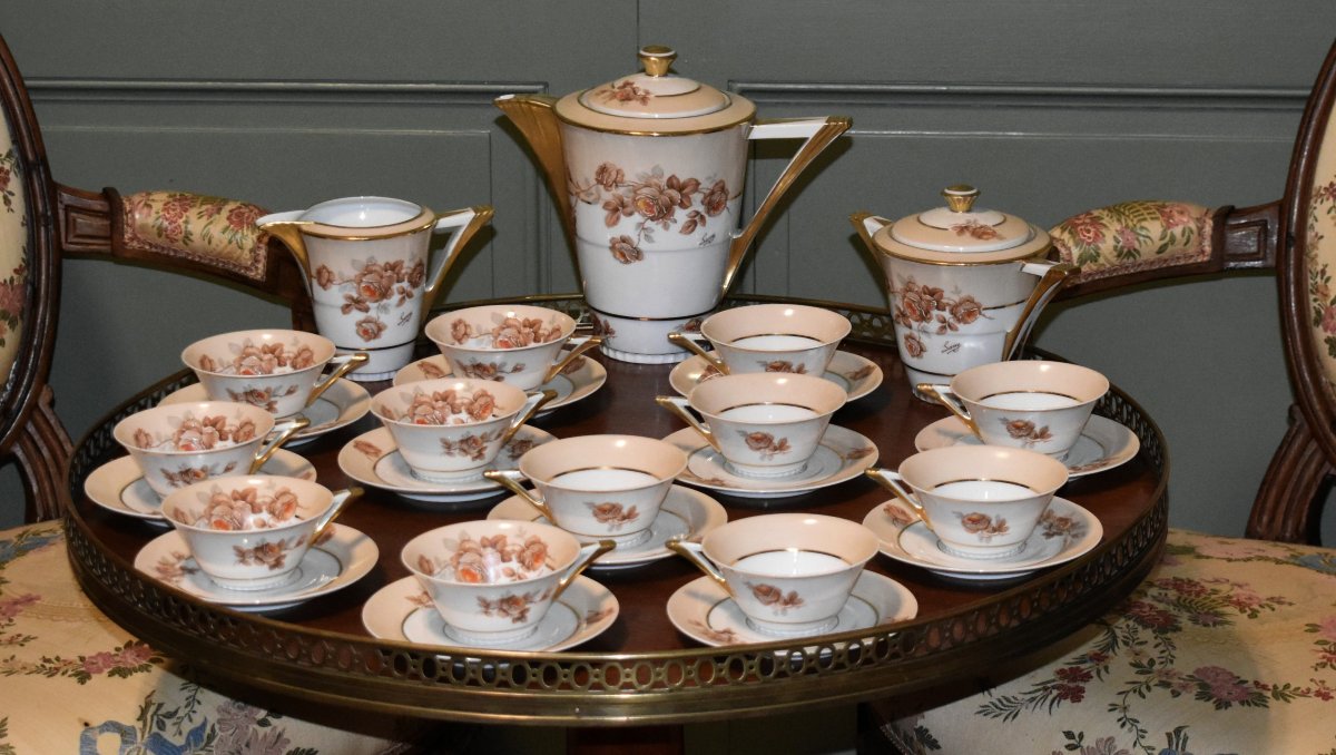 Service à Café Ou à Thé En Porcelaine De Limoges par P. Pastaud, decor floral et filets or-photo-2