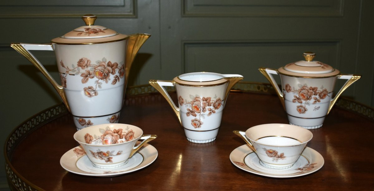 Service à Café Ou à Thé En Porcelaine De Limoges par P. Pastaud, decor floral et filets or-photo-4