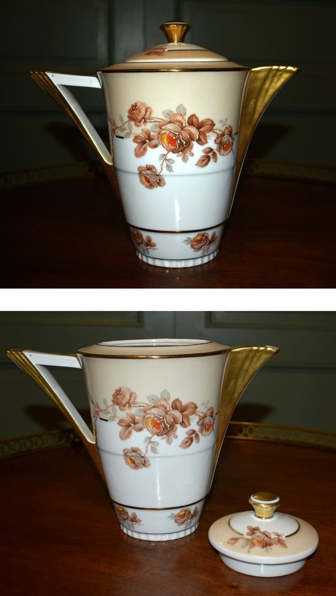 Service à Café Ou à Thé En Porcelaine De Limoges par P. Pastaud, decor floral et filets or-photo-2