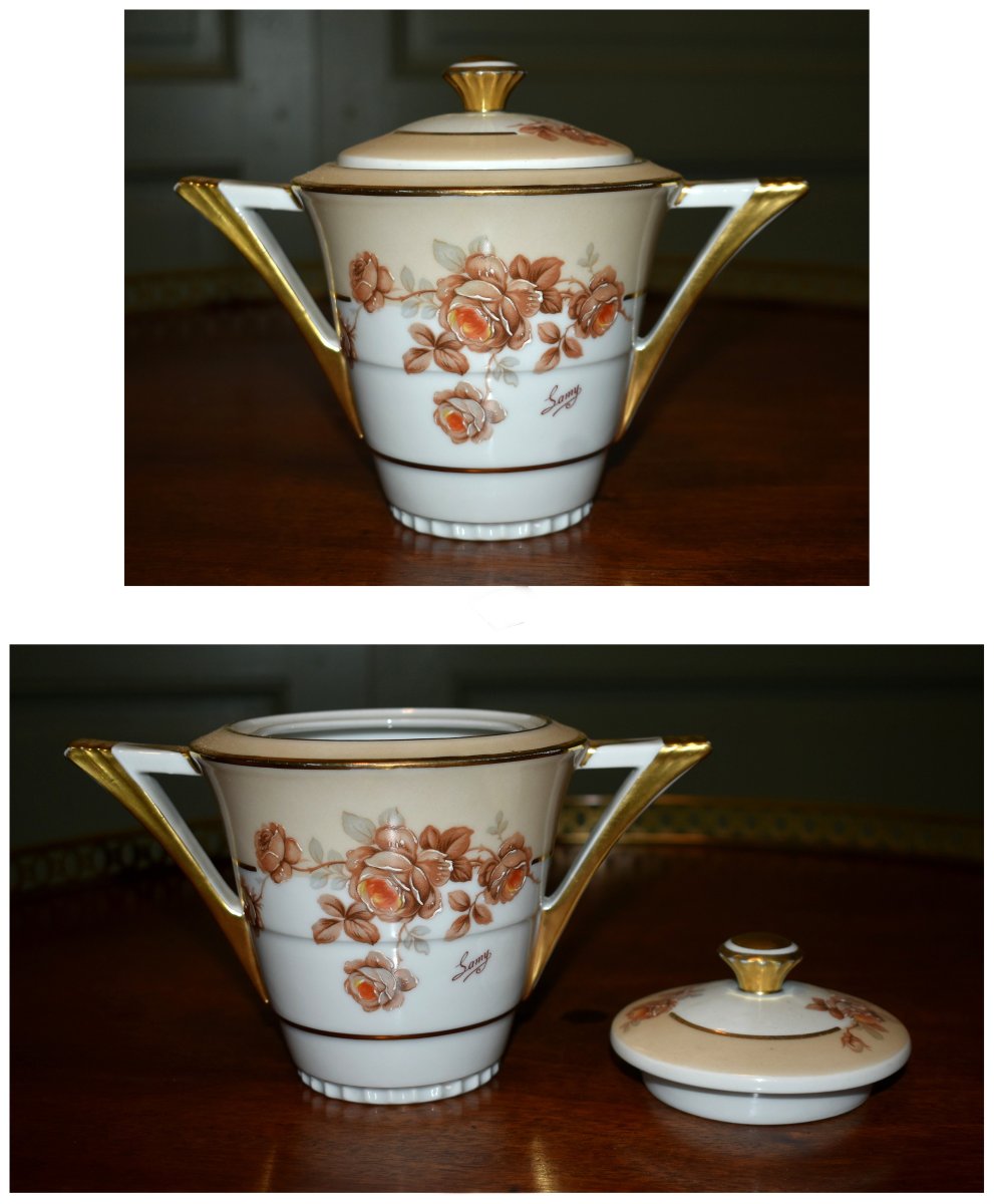 Service à Café Ou à Thé En Porcelaine De Limoges par P. Pastaud, decor floral et filets or-photo-3