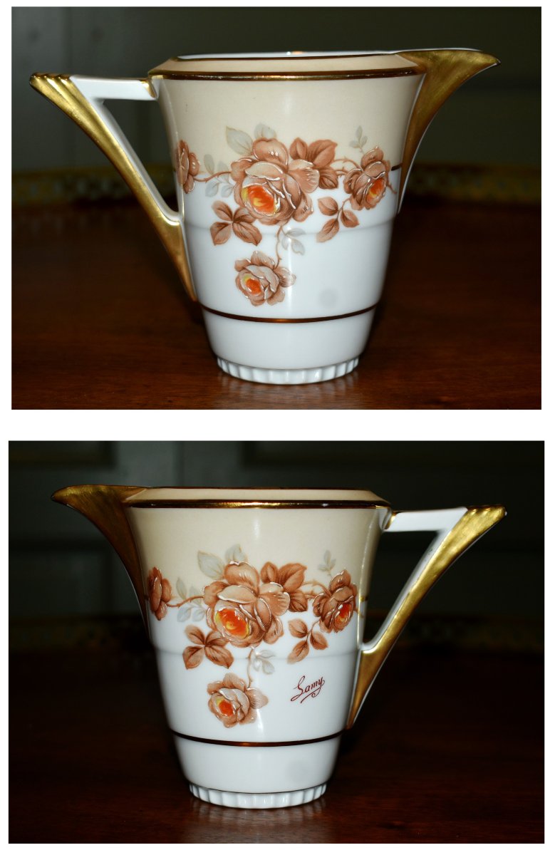 Service à Café Ou à Thé En Porcelaine De Limoges par P. Pastaud, decor floral et filets or-photo-4