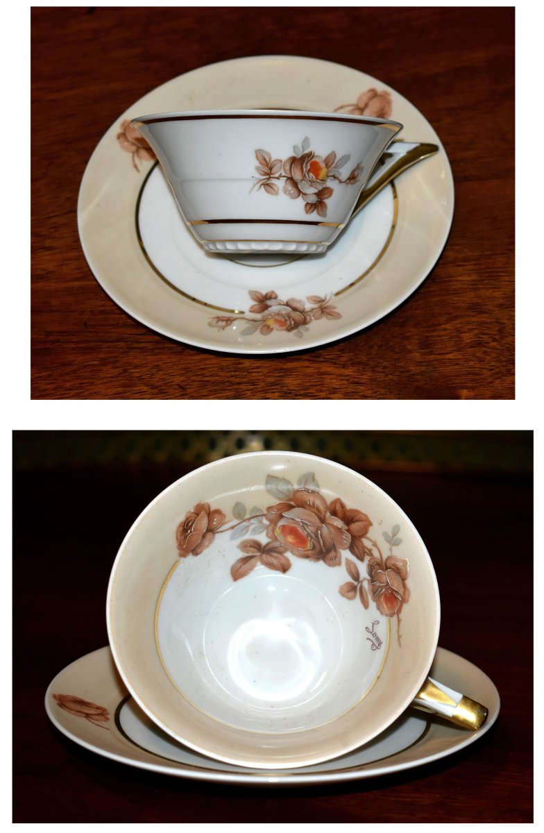Service à Café Ou à Thé En Porcelaine De Limoges par P. Pastaud, decor floral et filets or-photo-6