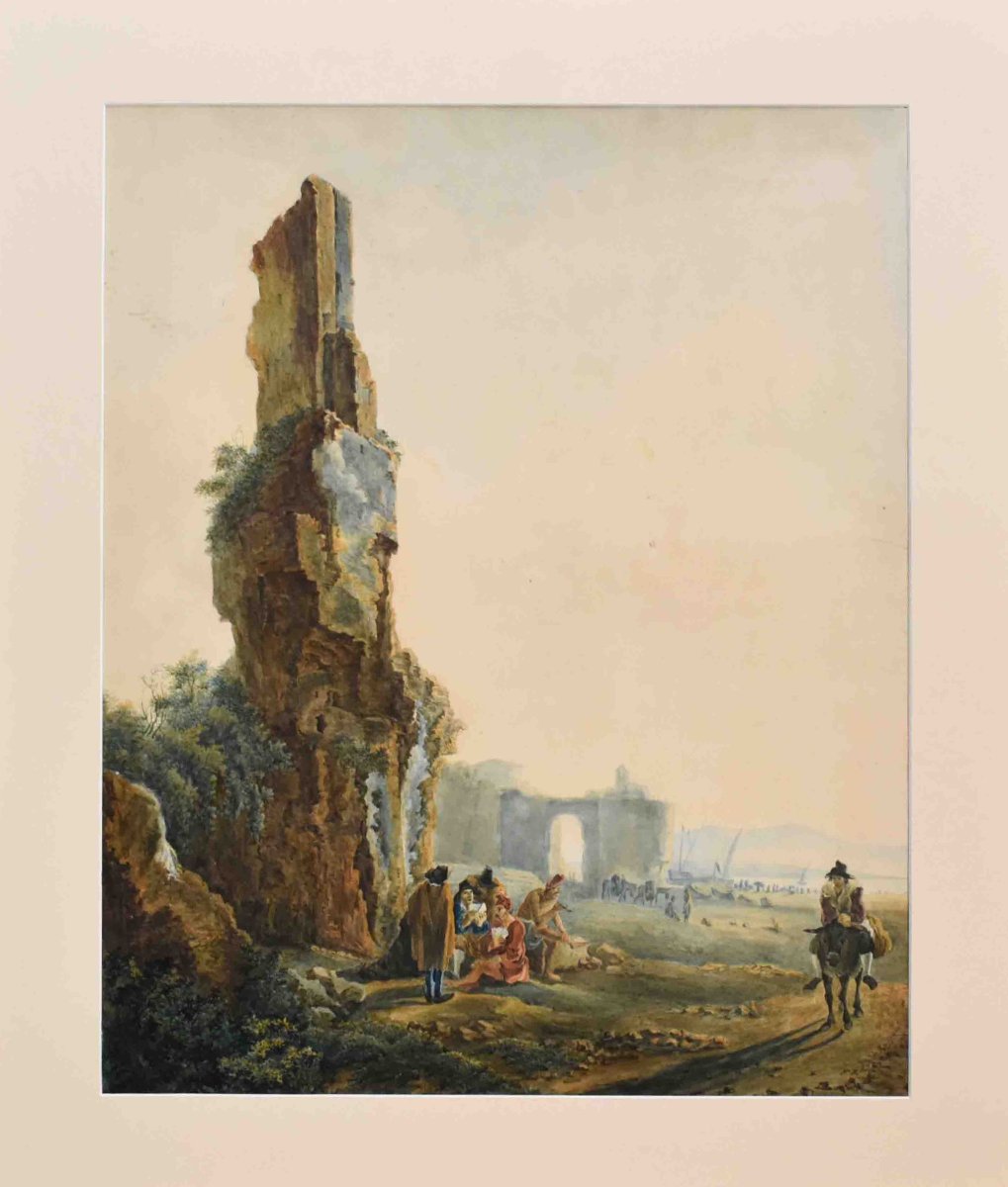 Watercolor After Jan Dirksz Both, Known As "both Of Italy", Card Players In Front Of Ruins-photo-2