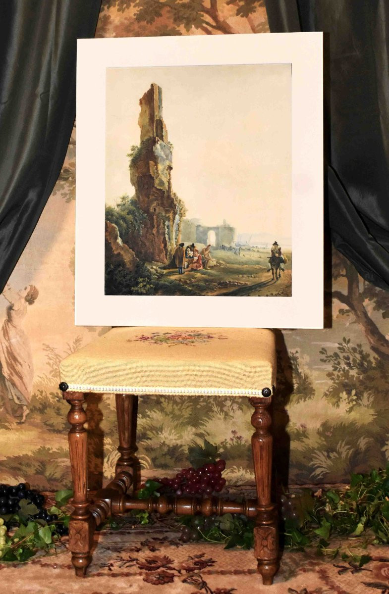 Watercolor After Jan Dirksz Both, Known As "both Of Italy", Card Players In Front Of Ruins-photo-3
